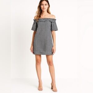 [Vineyard Vines] Cotton Gingham Black + White Ruffle On/Off Shoulder Mini Dress
